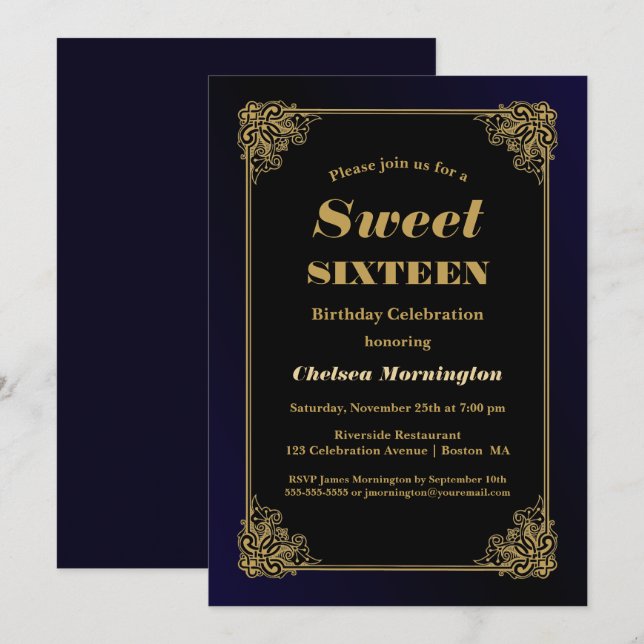 Invitación Dulce negro y dorado 16 cumpleaños (Anverso / Reverso)
