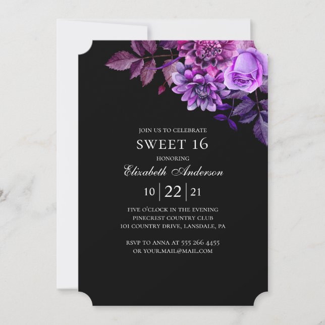 Invitación Dulce negro y morado 16. Floral 16º cumpleaños (Anverso)