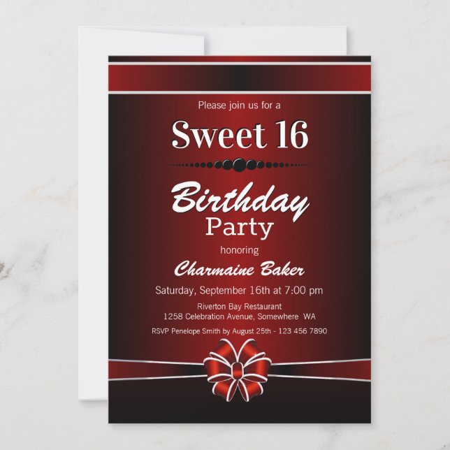 Invitación Dulce negro y rojo 16 fiesta de cumpleaños (Anverso)