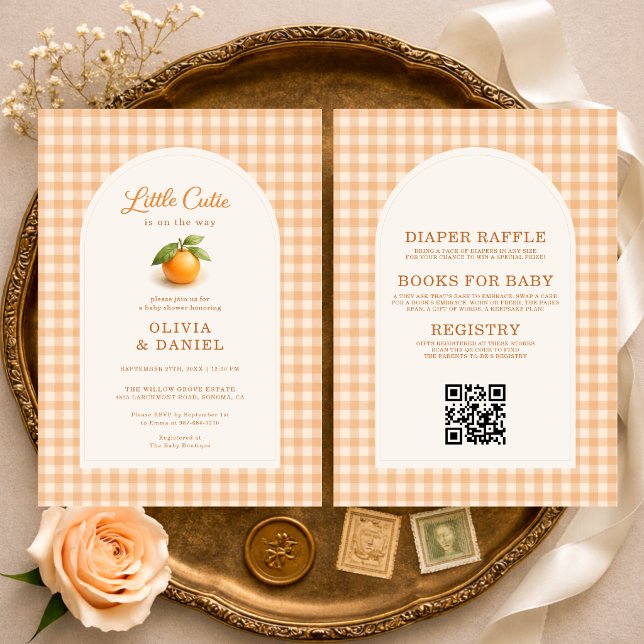 Invitación Dulce Nena Naranja Gingham Todo en Uno Fiesta de B (Subido por el creador)