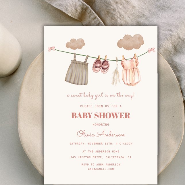 Invitación Dulce Neutral Rosa Boho Bebé Chica Ropa Ducha (Sweet Neutral Pink Boho Baby Girl Clothes Shower Invitation)