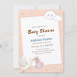 Invitación Dulce Niña Acuarela Cigüeña Baby Shower