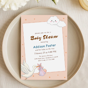 Invitación Dulce Niña Acuarela Cigüeña Baby Shower