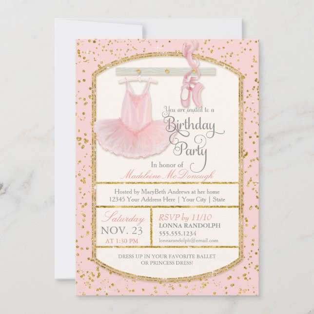 Invitación Dulce Niña Ballerina Ballet Fiesta de Cumpleaños (Anverso)