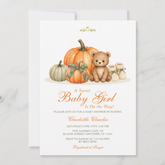 Invitación Dulce Niña Calabaza Oso Cumpleaños de Bebé Otoño