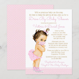 Invitación Dulce Niña Con Máscara En Ducha De Bebe Drive By