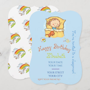 Invitación Dulce niña de palitos de arcoíris durmiendo con ga