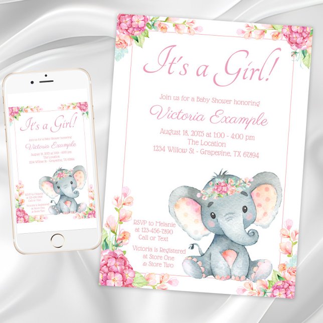 Invitación Dulce niña elefante baby shower (Cute Girl Elephant Baby Shower Invitation. Instant download and printed invitations available.)