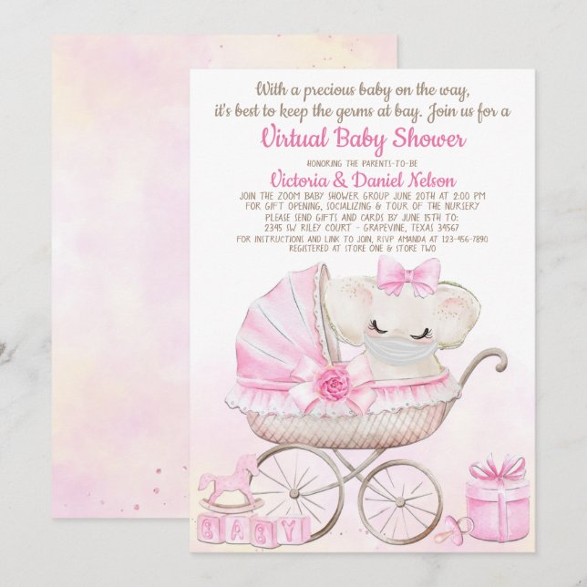 Invitación Dulce niña elefante con máscara zoom Baby Shower (Anverso / Reverso)