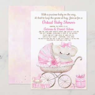 Invitación Dulce niña elefante con máscara zoom Baby Shower