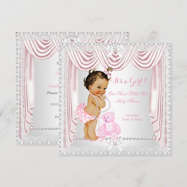 Invitación Dulce Niña Fiesta de Bebé Rosa Seda Morena Bebé (Anverso / Reverso)
