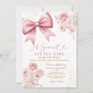 Invitación Dulce niña lazo rosa coquette floral baby shower