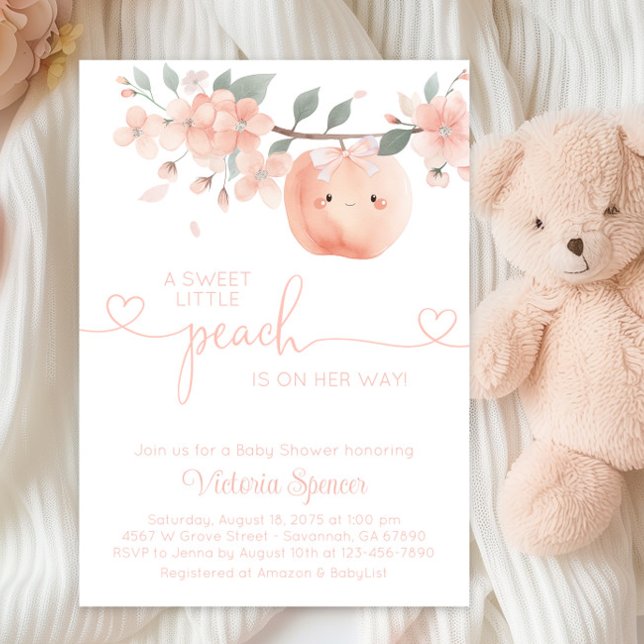 Invitación Dulce Niña Melocotón Baby Shower (Adorable baby girl peach baby shower invitation with cute sleepy baby peach.)