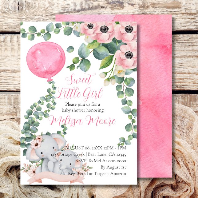 Invitación Dulce Niña Rosa Balón Eucalyptus Elefante (Subido por el creador)