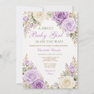 Invitación Dulce Niña Rosas Purpúreas Baby Shower Floral