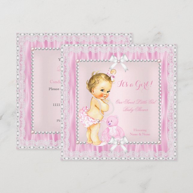 Invitación Dulce Niña Rubia Cumpleaños Perlas Encaje (Anverso / Reverso)