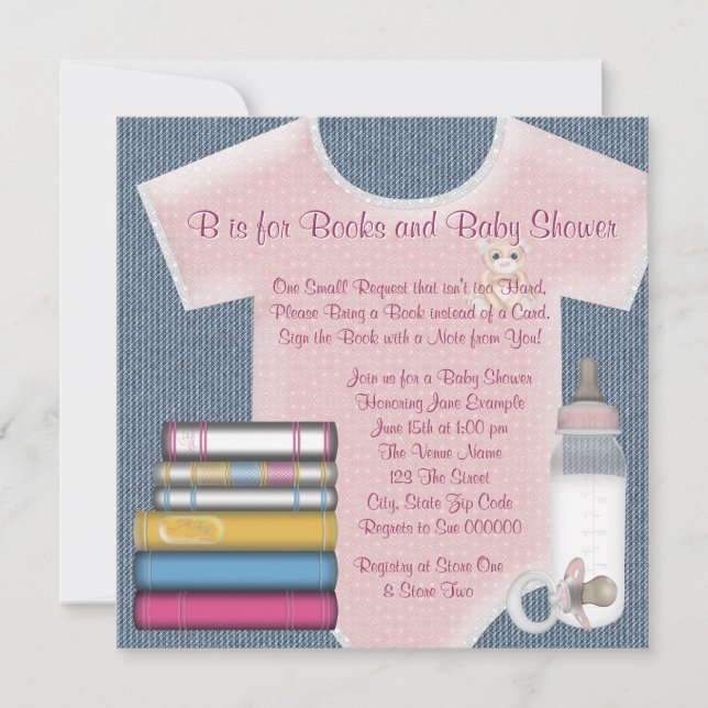 Invitación Dulce niña trae un libro para baby shower (Anverso)