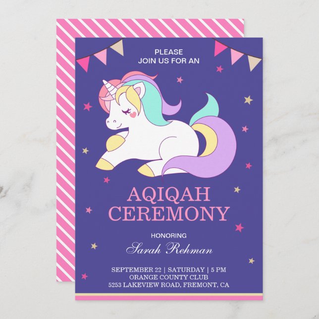 Invitación Dulce niña unicornio Aqiqah (Anverso / Reverso)