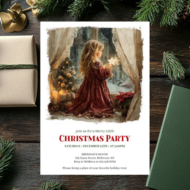 Invitación Dulce niña victoriana esperando a Santa editable (Sweet Victorian Little Girl Awaiting Santa Editable Invite)