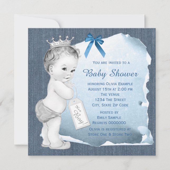 Invitación Dulce niño azul baby shower de mezclilla (Anverso)