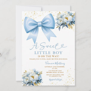 Invitación Dulce Niño Azul Lazo Coqueta Floral Baby Shower