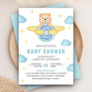 Invitación Dulce Niño en Avión Azul Oso de Peluche Fiesta de