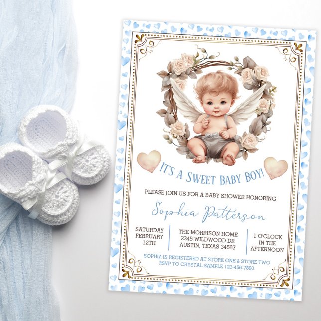 Invitación Dulce Niño Valentín Querubín Baby Shower (Sweet baby boy baby shower invitation with cute little cherub on a blue watercolor heart background.)