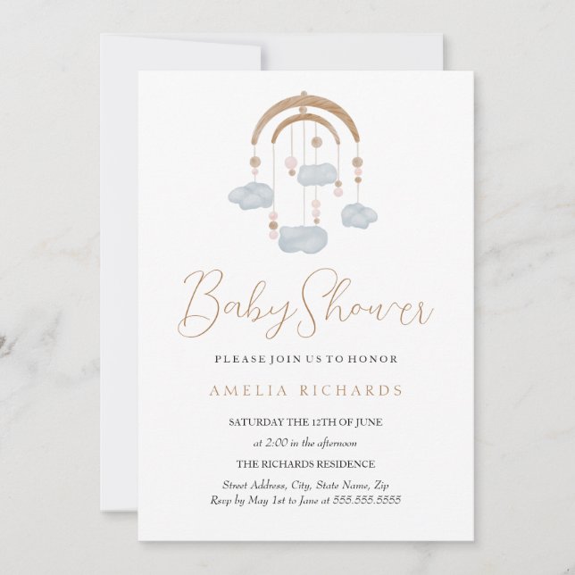 Invitación Dulce Nube Azul Polvoriento Mobile Baby Shower (Anverso)