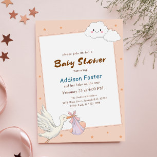 Invitación Dulce Nube de Niña Cigüeña Pink Shower de Bebe