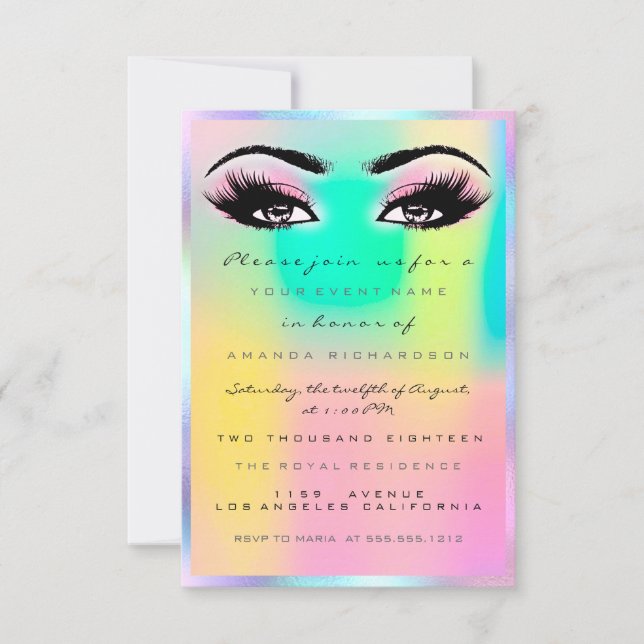 Invitación Dulce nupcial de maquillaje rosa holográfico 16 (Anverso)