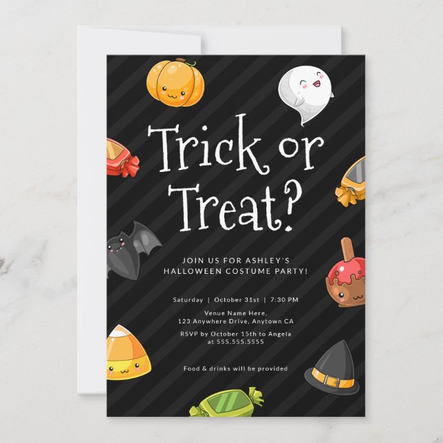 Invitación Dulce o truco en la fiesta de Halloween kawaii (Anverso)