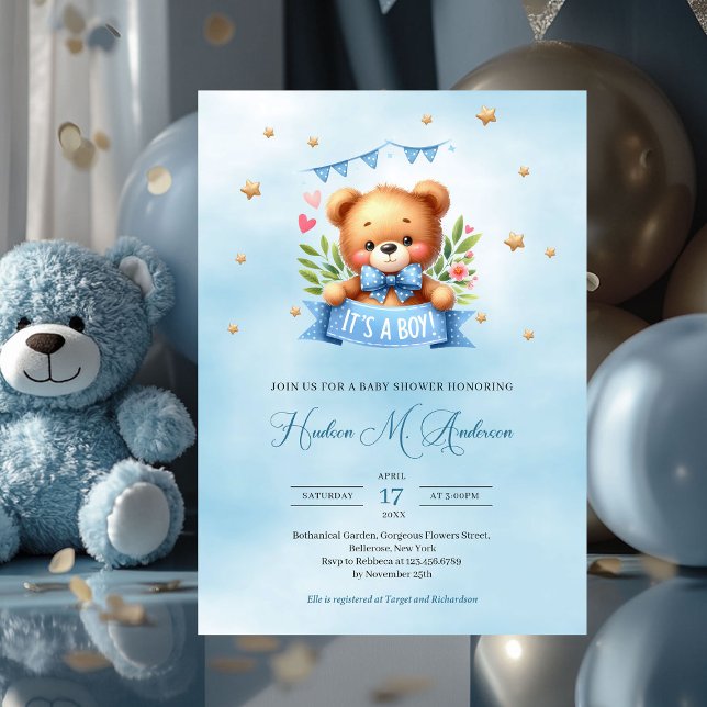 Invitación Dulce osito de peluche es una ducha de bebé (cute teddy bear it's a boy baby shower invitation)