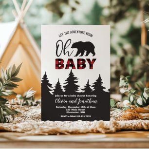 Invitación Dulce Oso Bebe Cuadros Rojos de Búfalo Baby Shower