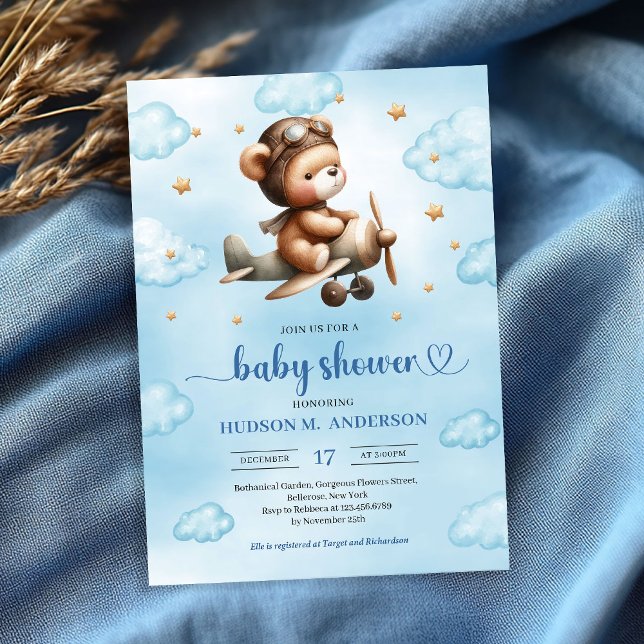 Invitación Dulce oso de peluche aviador azul niño shower de b (teddy bear PILOT baby shower,
bear theme baby shower invitation,
baby boy blue brown gold,
watercolo)
