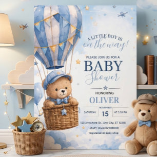 Invitación Dulce Oso de Peluche Azul en Globo de Aire Calient