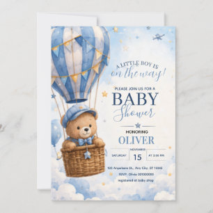 Invitación Dulce Oso de Peluche Azul en Globo de Aire Calient