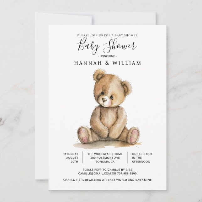 Invitación Dulce Oso de Peluche Baby Shower (Anverso)
