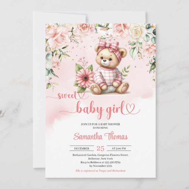 Invitación Dulce oso de peluche chica con flores ducha de beb (Anverso)