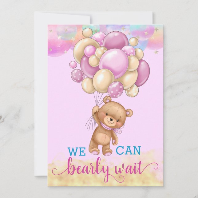 Invitación Dulce Oso de Peluche con Globos de Arcoíris de Oro (Anverso)