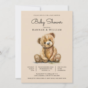 Invitación Dulce Oso de Peluche en Acuarela para Baby Shower