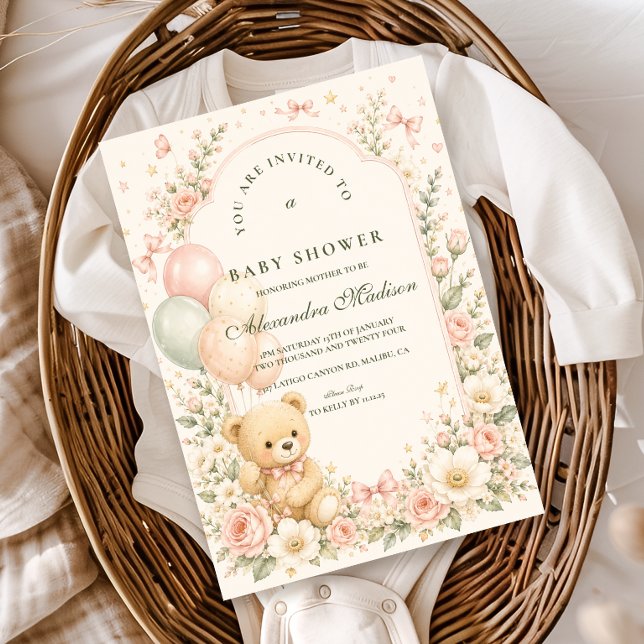 Invitación Dulce Oso de Peluche Fiesta de Bebé Floral (Subido por el creador)