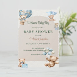 Invitación Dulce Oso de Peluche Globo Aerostático Baby Shower