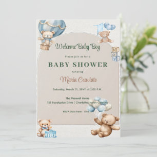 Invitación Dulce Oso de Peluche Globo Aerostático Baby Shower