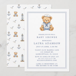 Invitación Dulce Oso de Peluche Marinero Baby Shower