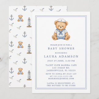 Invitación Dulce Oso de Peluche Marinero Baby Shower