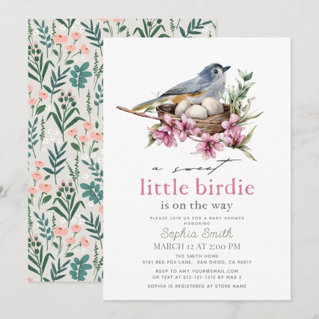 Invitación Dulce Pajarito Floral Nido Chica Ducha de Bebé (Anverso / Reverso)