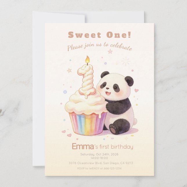 Invitación Dulce Panda de Pastel Cumpleaños Bebé 1 (Anverso)