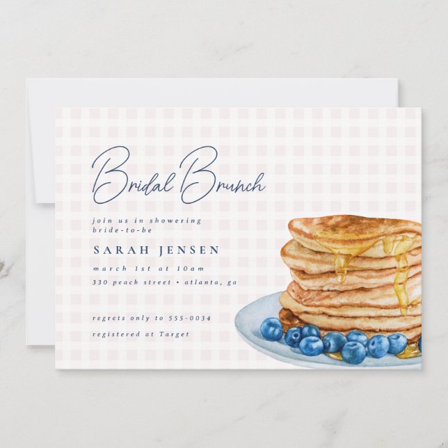 Invitación Dulce panqueque Rosa Gingham Bridal Shower Brunch (Anverso)