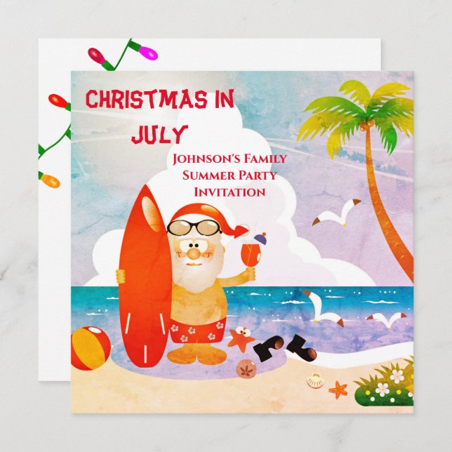 Invitación Dulce Papá Noel Fiesta de Navidad en Verano de Jul (Anverso / Reverso)