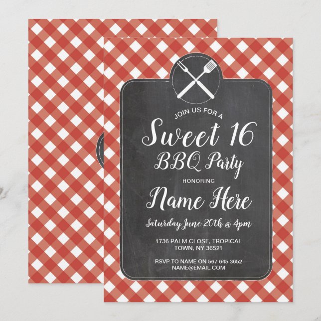 Invitación Dulce partido de los 16 cumpleaños BBQ Red Gingham (Anverso / Reverso)